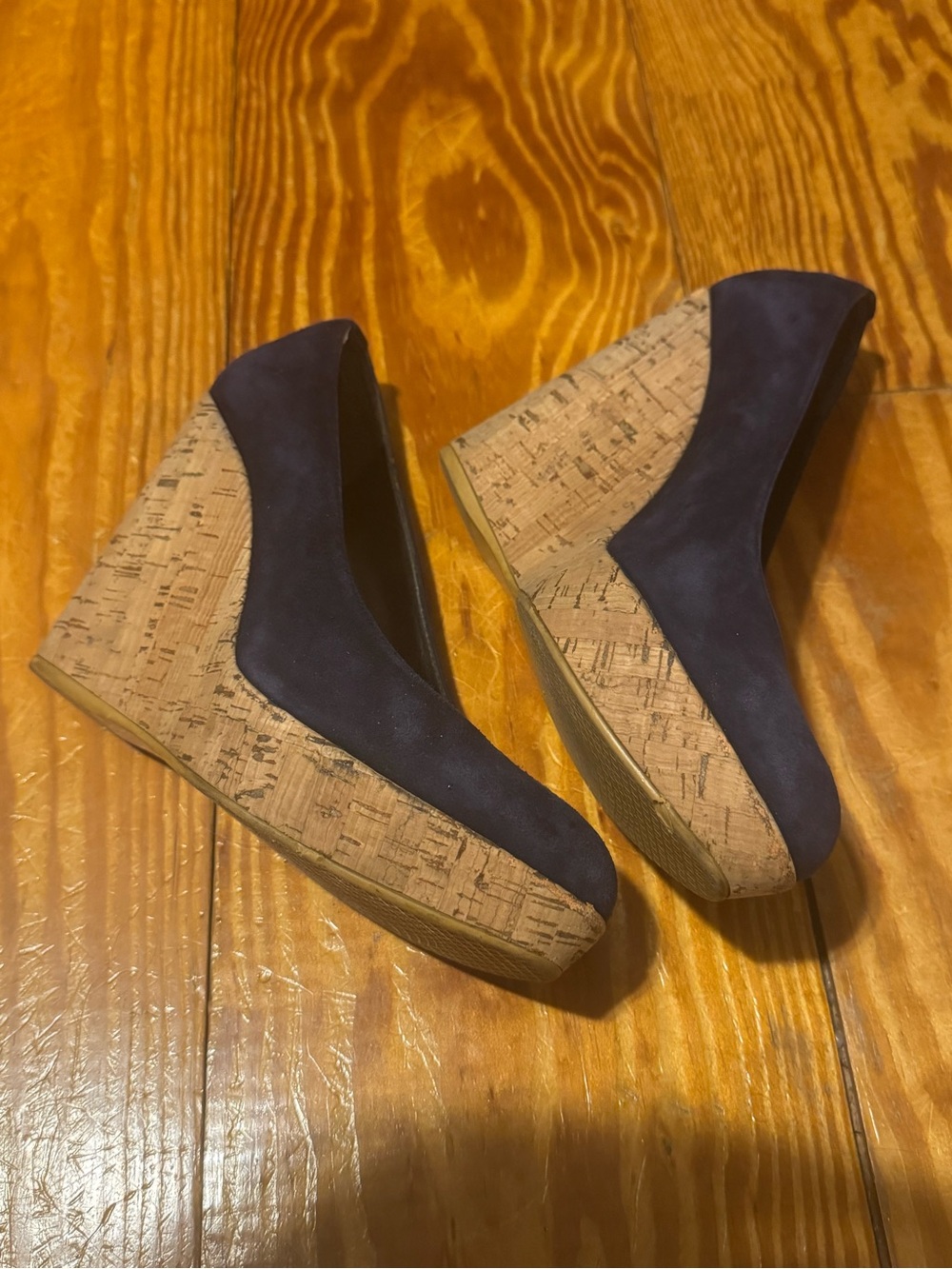 Stuart Weitzman Navy Suede Cork Wedge Pumps - Picture 4 of 9